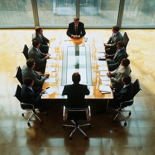 Geschäftsrunde an einem Konferenztisch unter Leitung eines zentral sitzenden Mannes