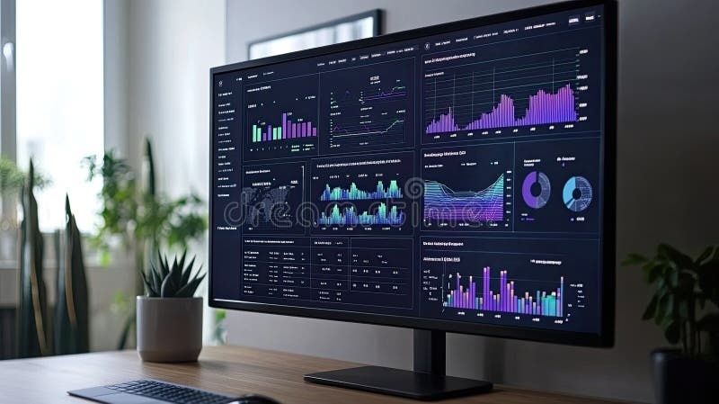 Monitor mit komplexem Dashboard aus zahlreichen bunten KPI-Diagrammen